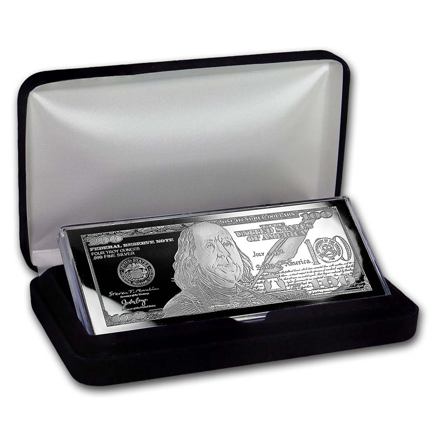 4 oz Silver Bar 2018 $100 Franklin Bill Design (Display Box)